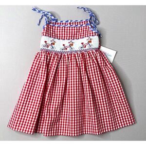 NWT Lulu Bebe Red Gingham Check Patriotic Bicycles Smocked Dress Girls 24 Mo